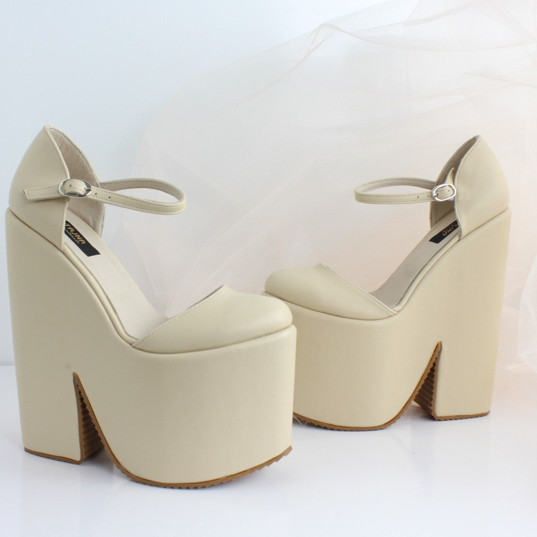 Cream Nude Strap High Heel Wedges