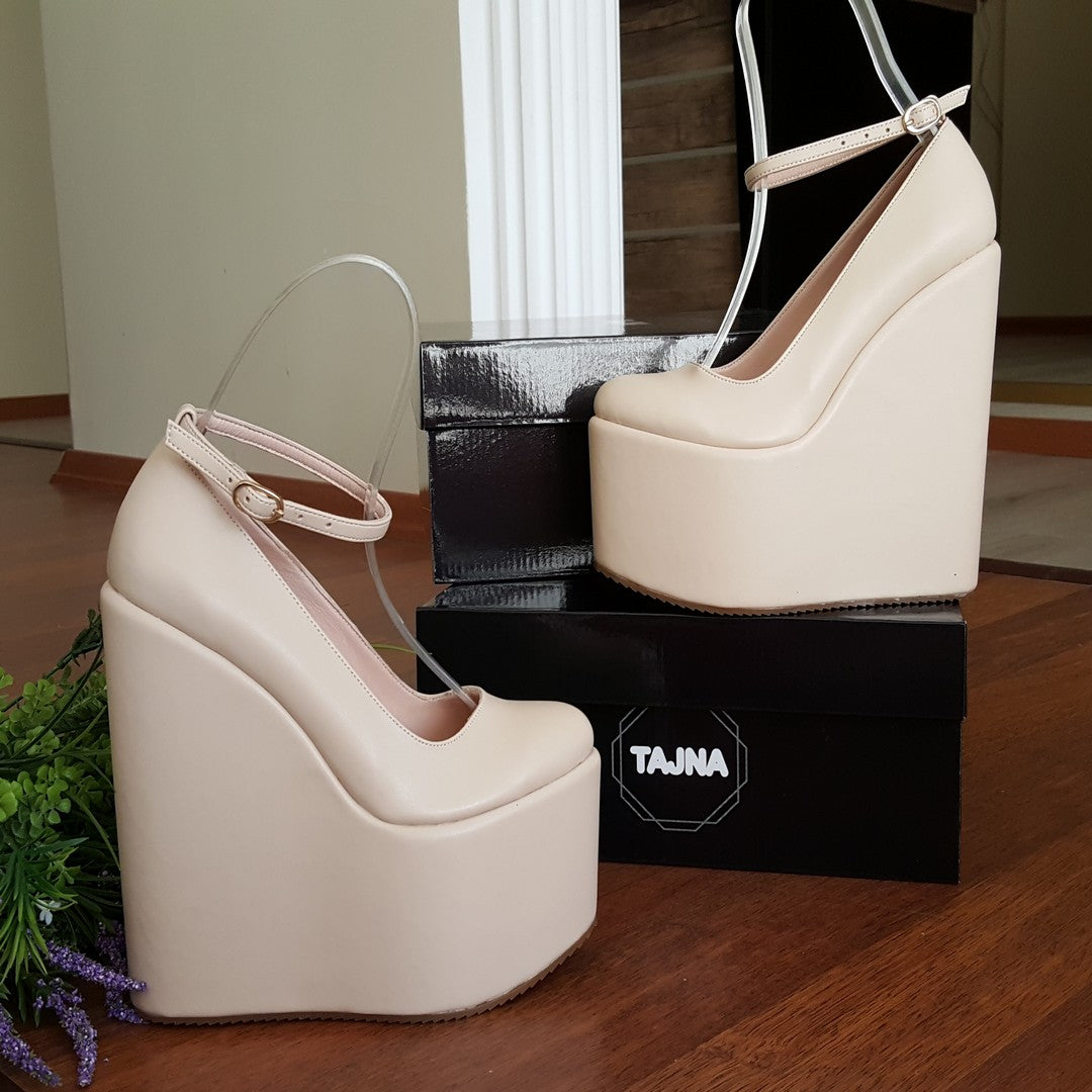 Ankle Strap Cream Super High Heel Wedge Shoes 20 cm - Tajna Club