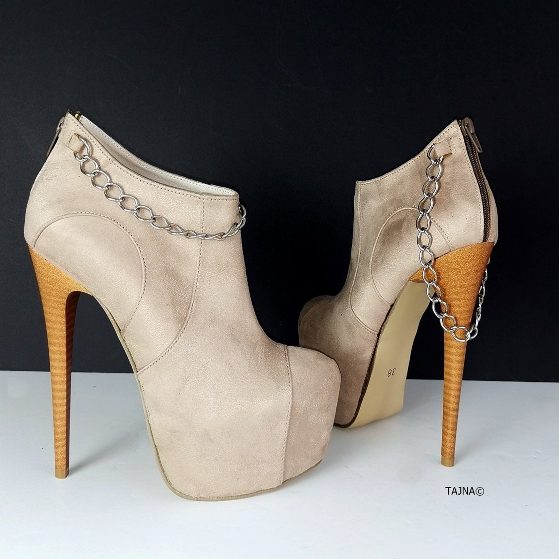 Chain Detail Beige Suede Ankle Booties - Tajna Club