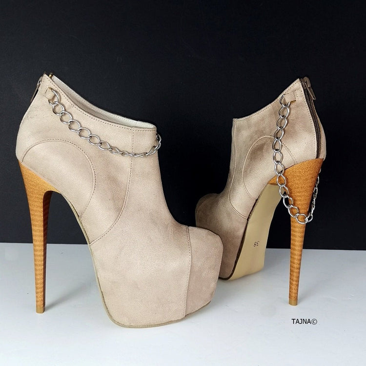 Chain Detail Beige Suede Ankle Booties - Tajna Club