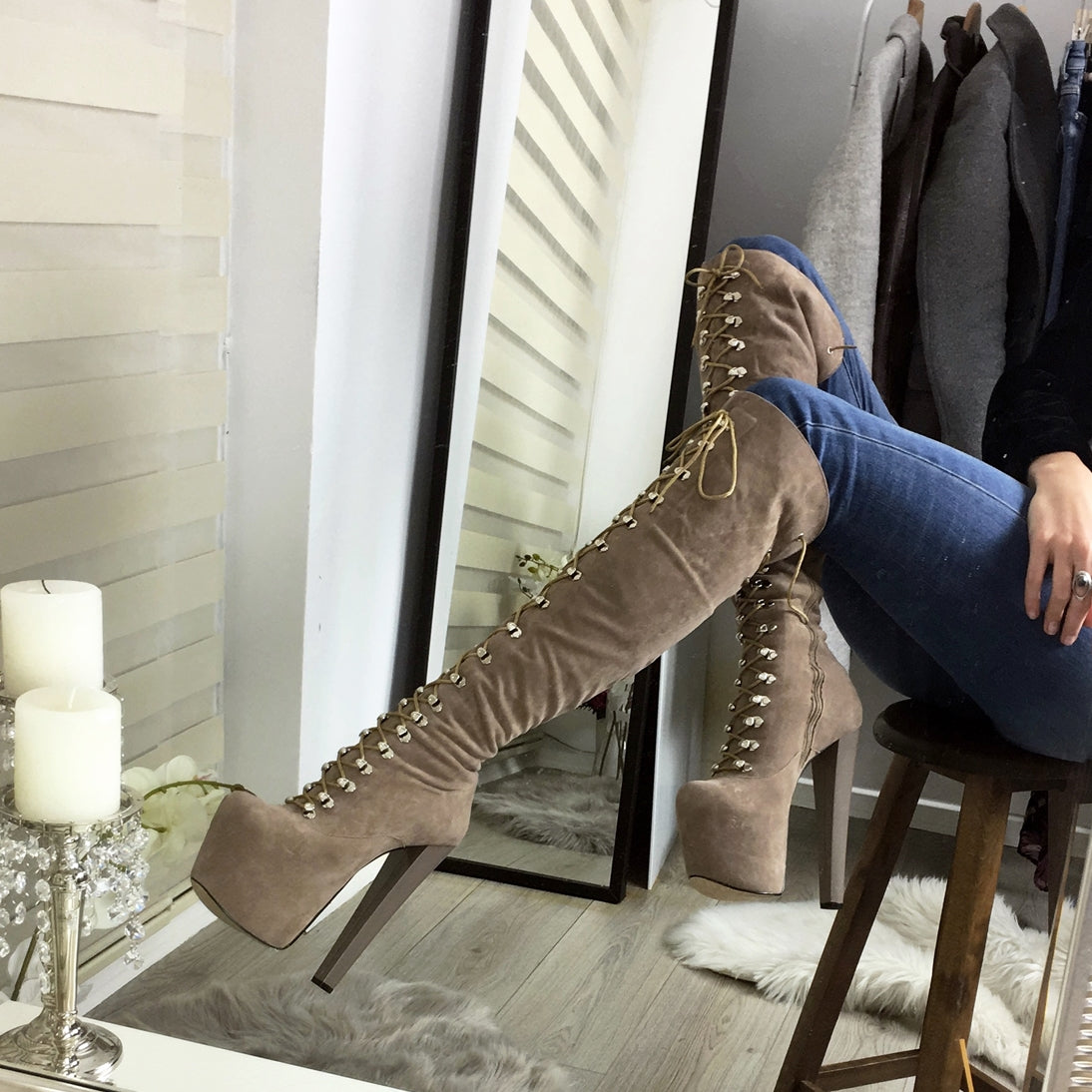 Beige Lace Up Over The Knee Boots - Tajna Club