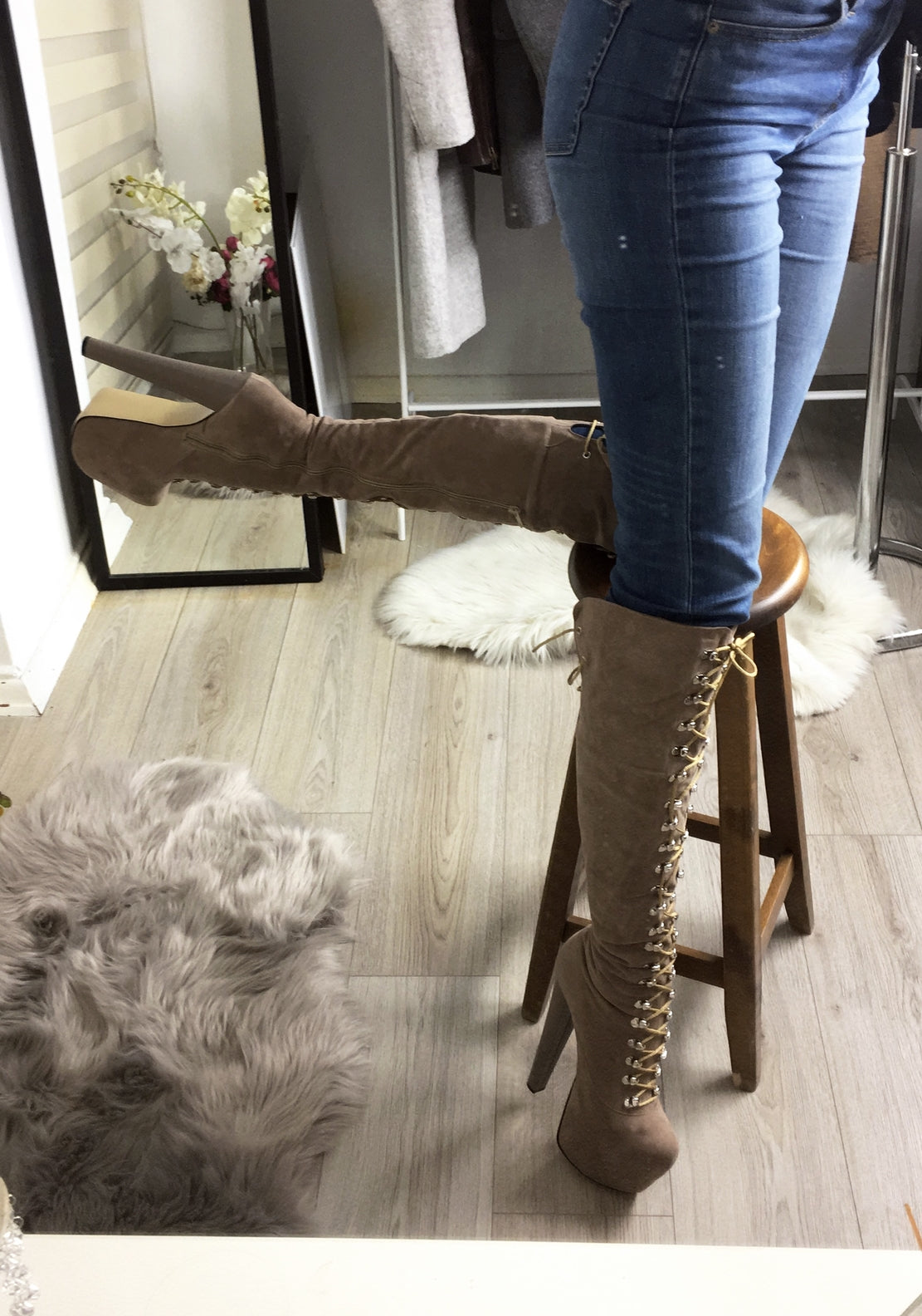 Beige Lace Up Over The Knee Boots - Tajna Club