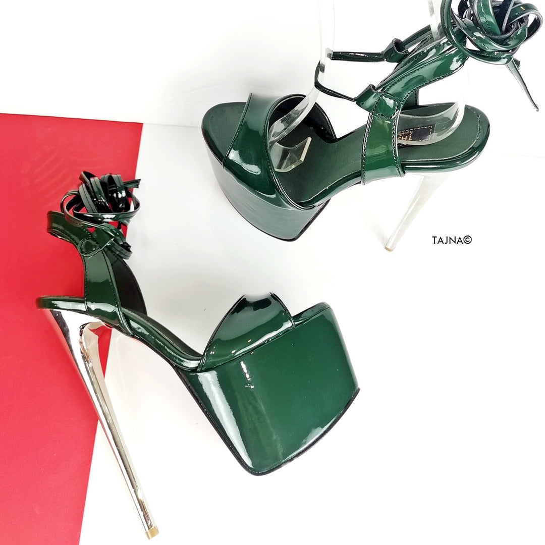 Emerald Green Glossy High Heel Sandals - Tajna Club