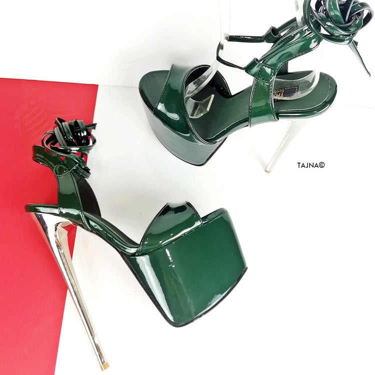 Emerald Green Glossy High Heel Sandals - Tajna Club