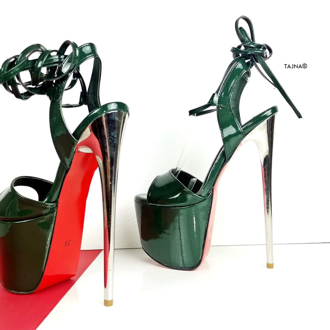 Emerald Green Glossy High Heel Sandals - Tajna Club