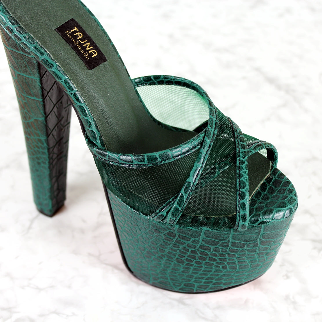 Green Snake Transparent Cross Strap Mules - Tajna Club