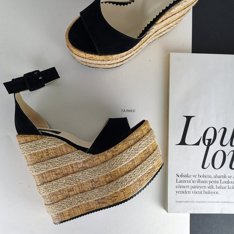 Cork Espadril Black Wedge Shoes - Tajna Club
