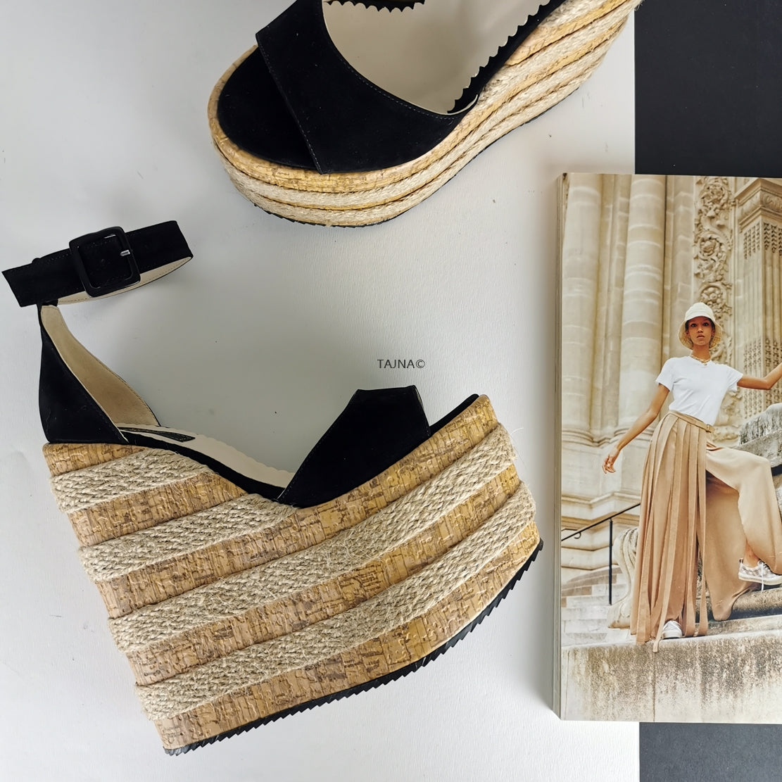 Cork Espadril Black Wedge Shoes - Tajna Club