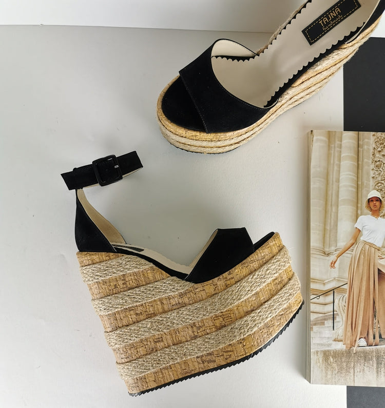 Cork Espadril Black Wedge Shoes - Tajna Club
