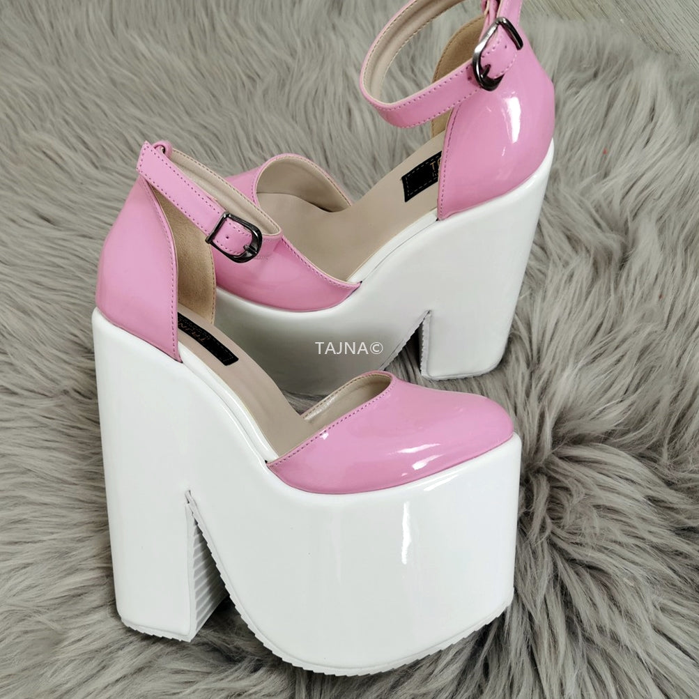 Pink White Patent High Heel Wedges Tajna Shoes Tajna Club