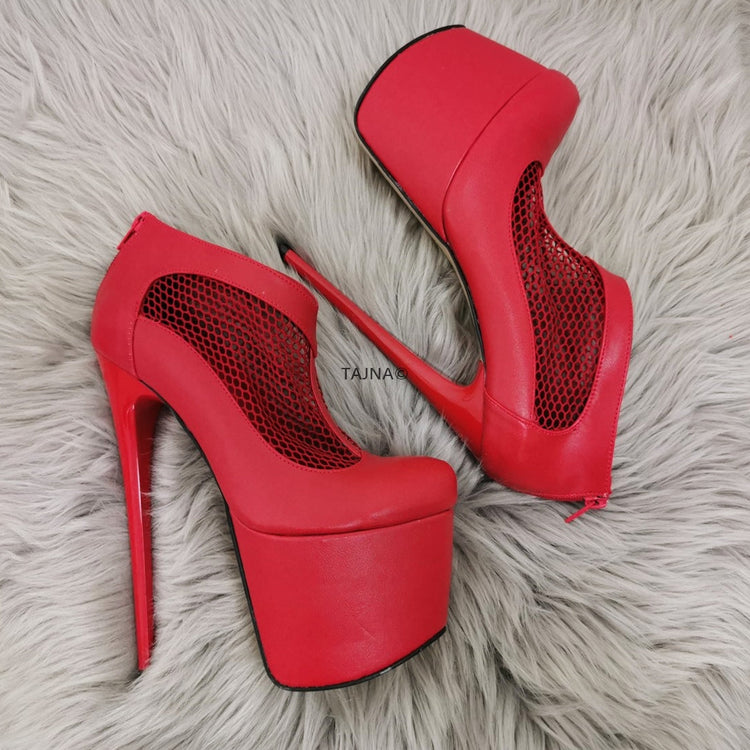 Red Fishnet Platform Booties - Tajna Club