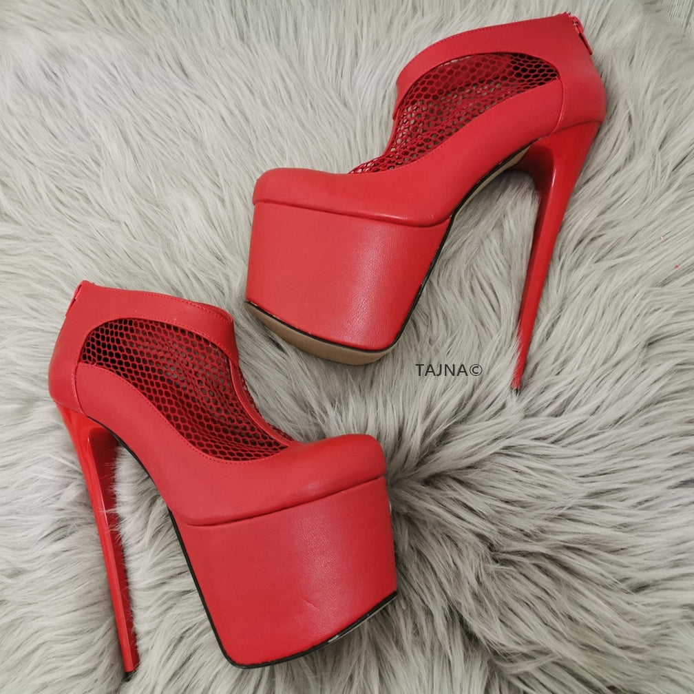 Red Fishnet Platform Booties - Tajna Club