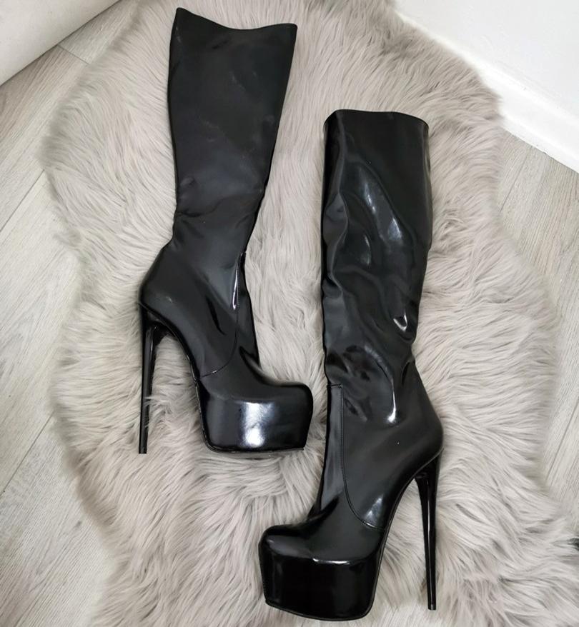Black Patent Mid Calf Platform Boots - Tajna Club
