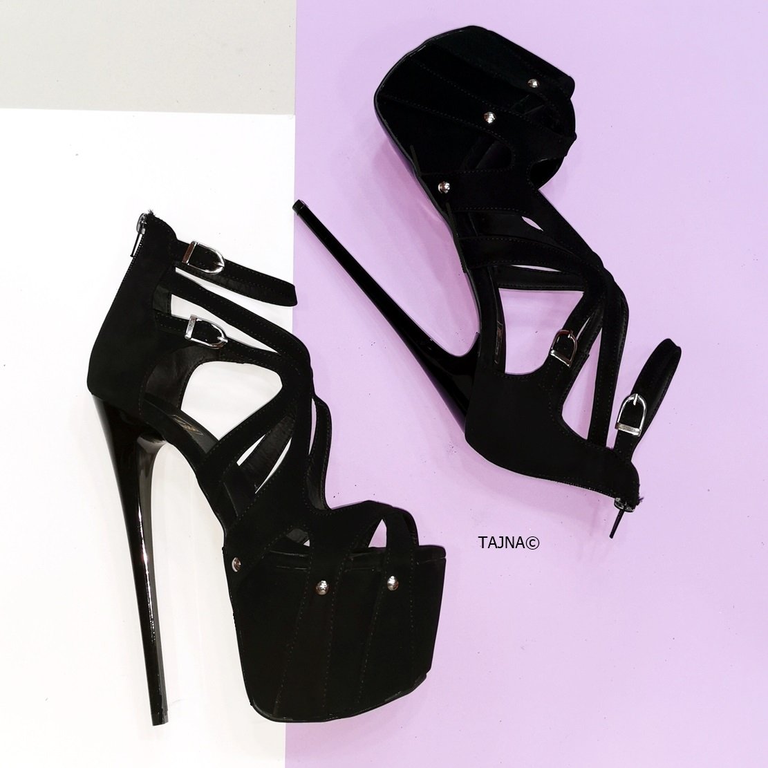 Black Suede Cage Design Platform Heels - Tajna Club