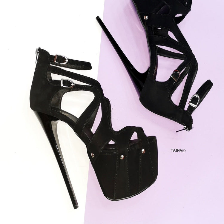 Black Suede Cage Design Platform Heels - Tajna Club