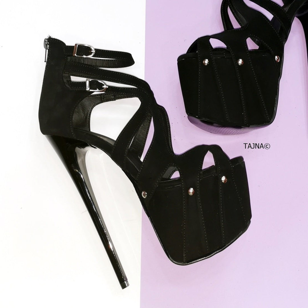Black Suede Cage Design Platform Heels - Tajna Club