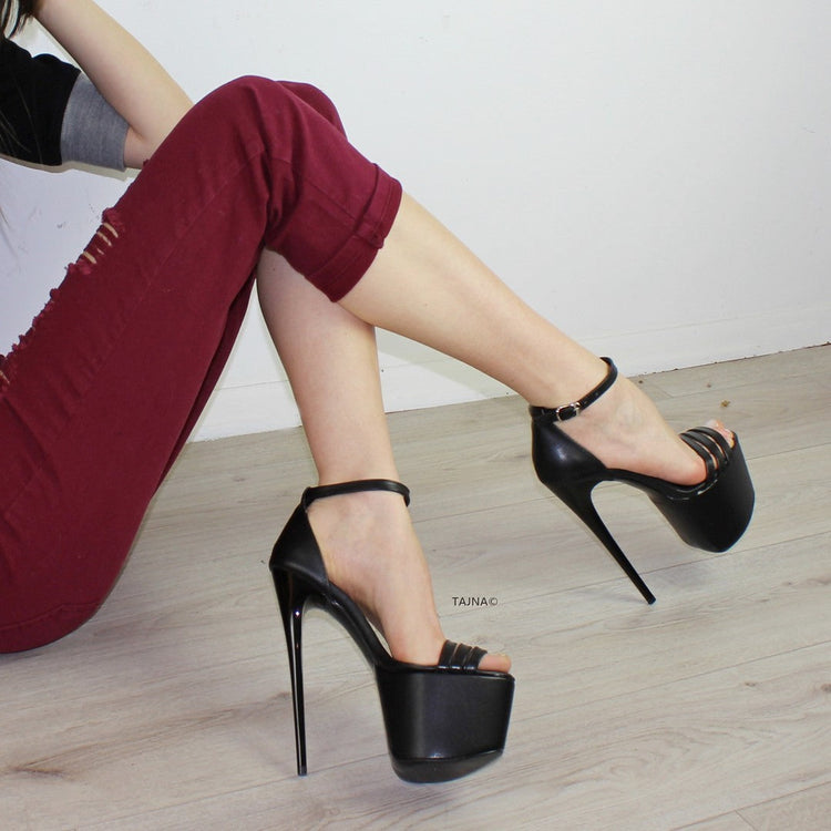 Black Ankle Strap High Heel Platforms - Tajna Club