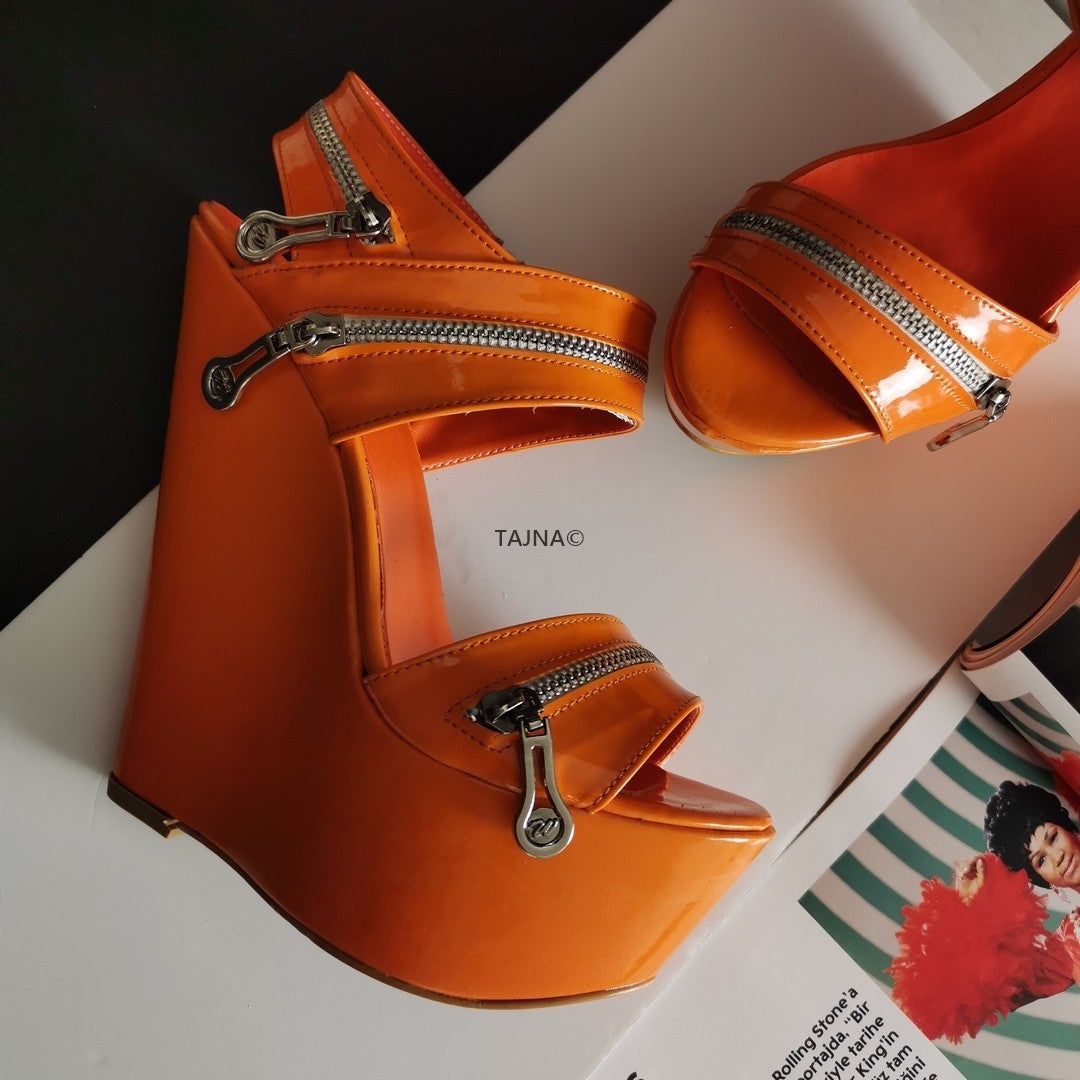 Orange Patent Zipper Detail Wedges Tajna Shoes Tajna Club
