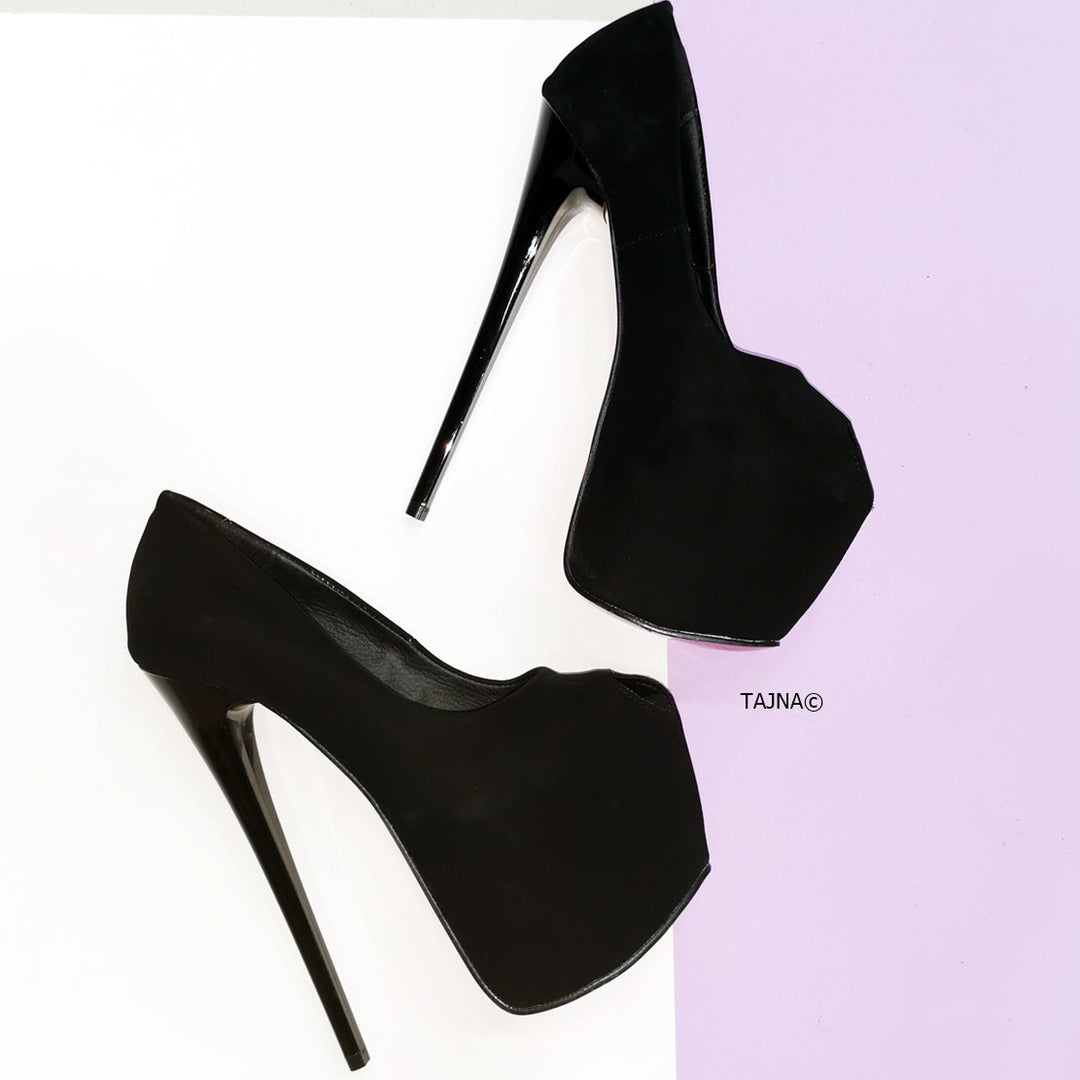 Fishmouth Black Suede Thin Heel Platforms - Tajna Club