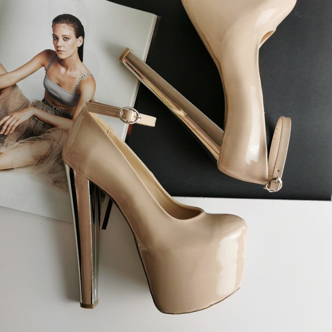 Beige Patent Ankle Strap Platform Pumps - Tajna Club