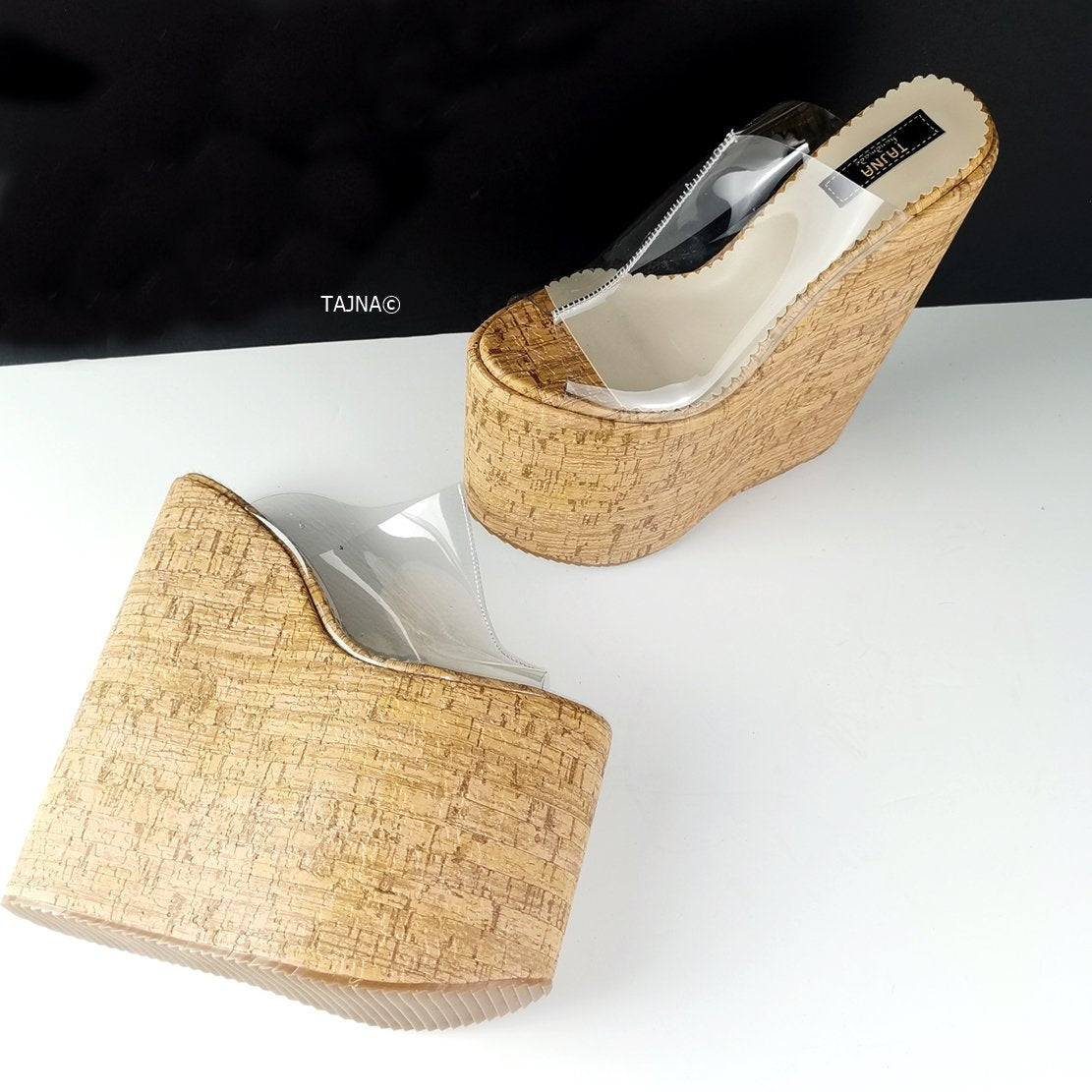 Transparent Cork Platform Wedge Mules - Tajna Club