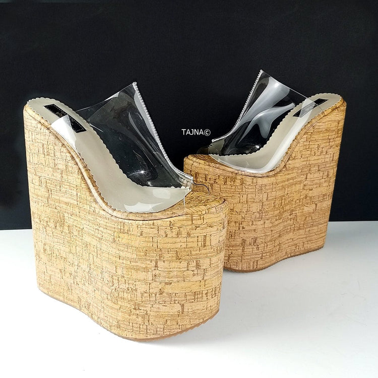 Transparent Cork Platform Wedge Mules - Tajna Club
