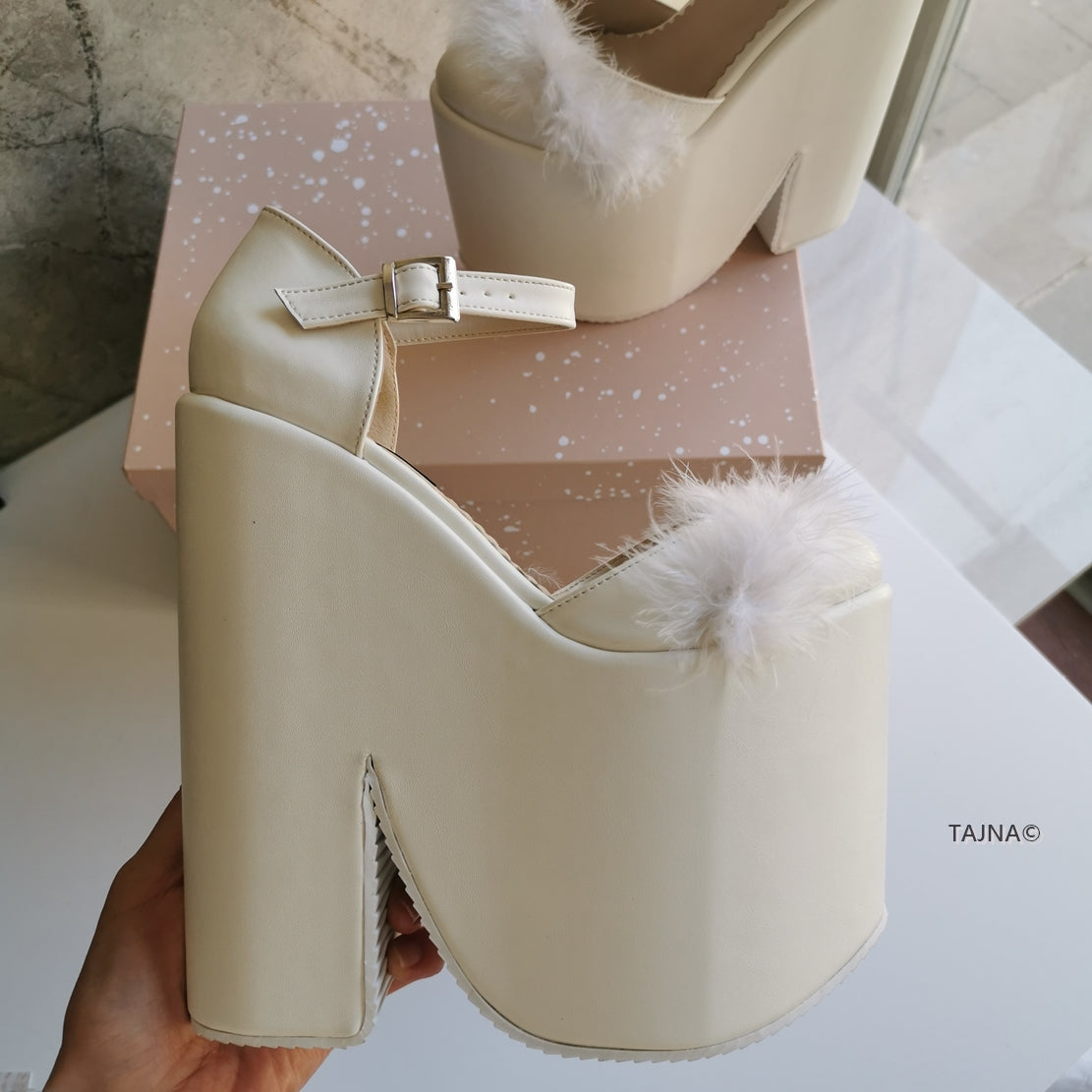 Cream Fury Ankle Strap Platform Bride Wedges - Tajna Club