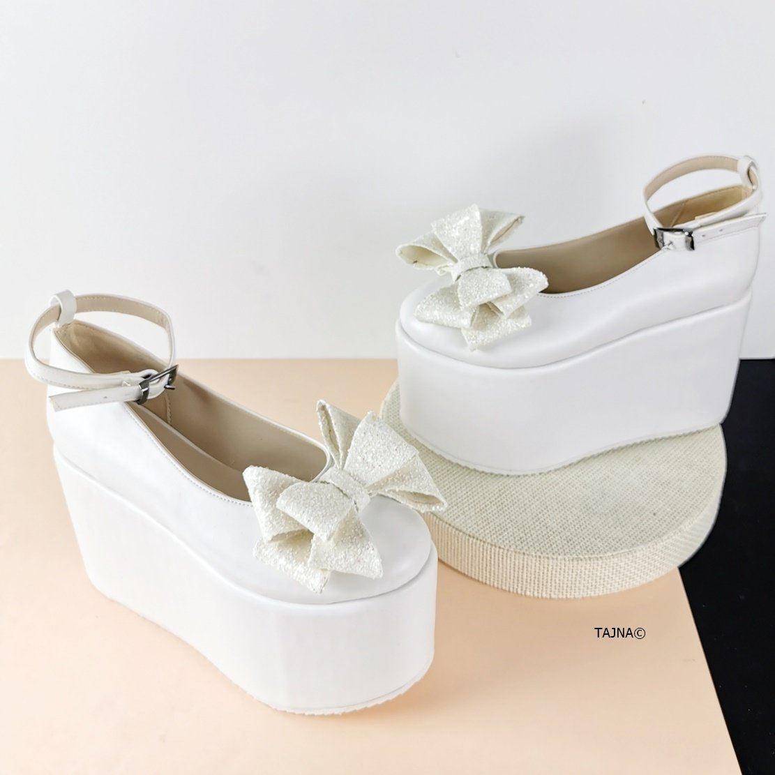 White Ribbon Flat Wedge Wedding Heels - Tajna Club