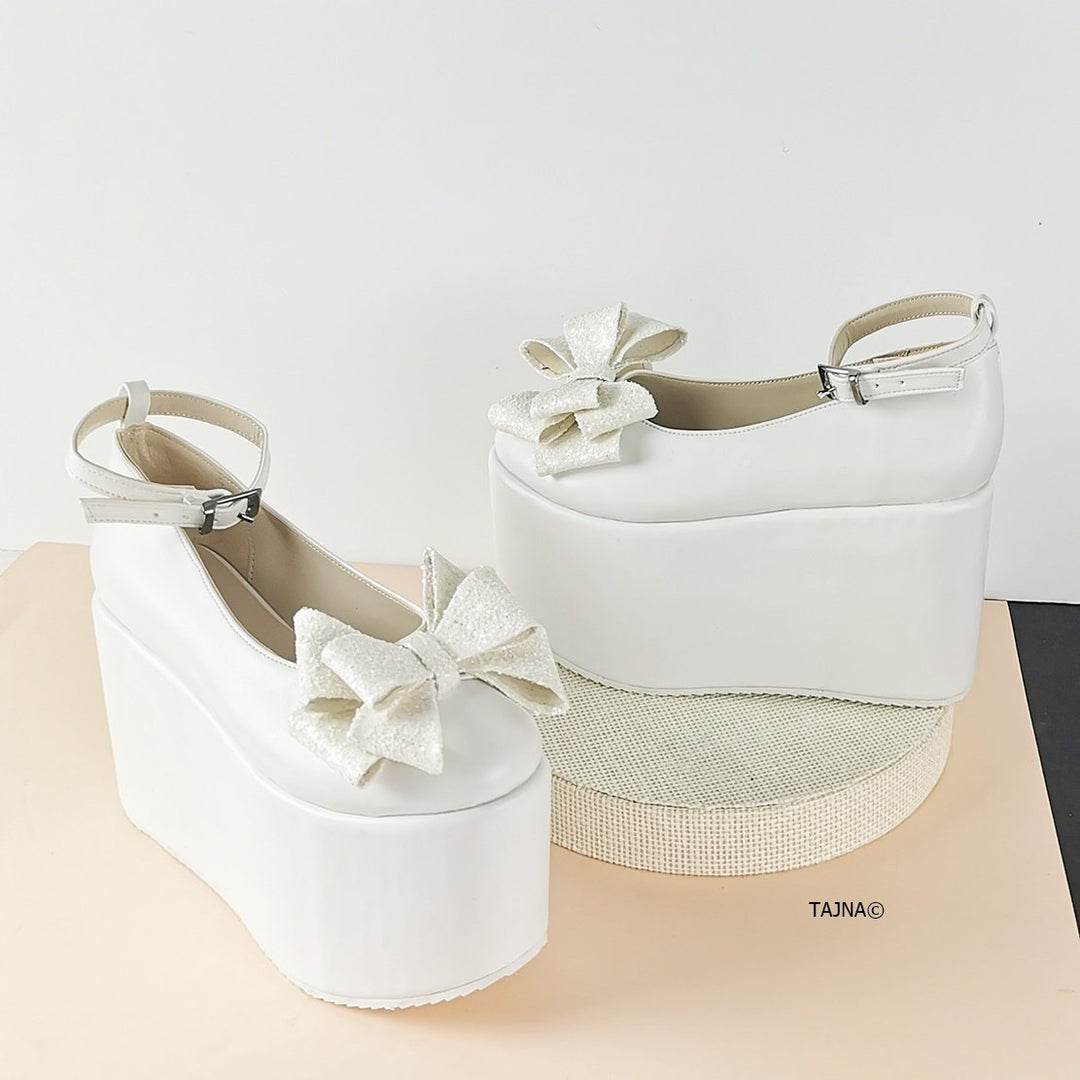 White Ribbon Flat Wedge Wedding Heels - Tajna Club