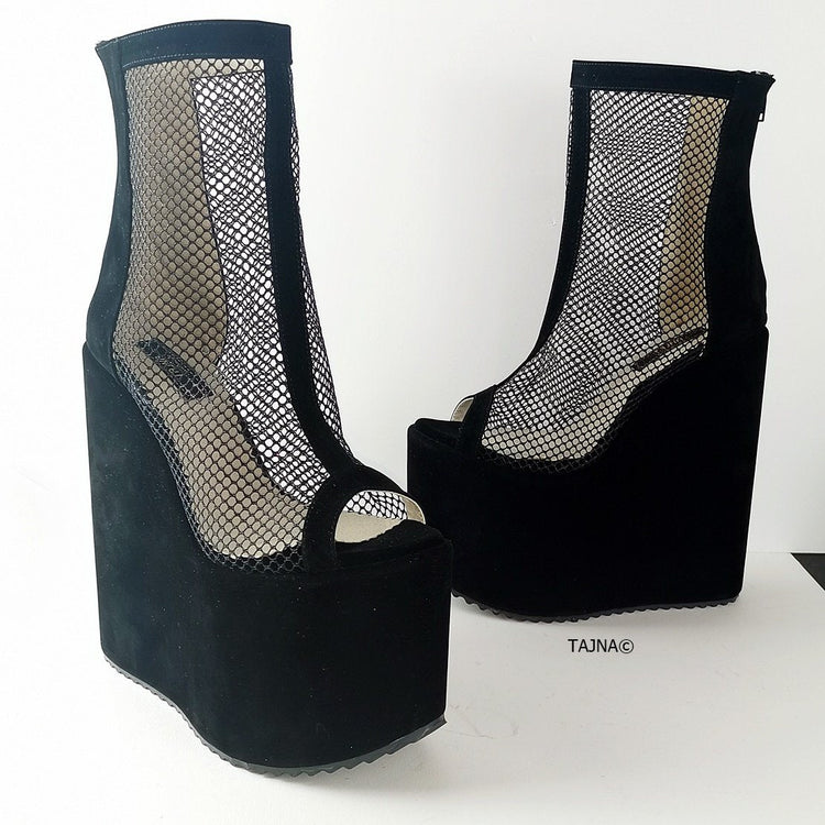 Black Fishnet Ankle Wedge Platforms - Tajna Club