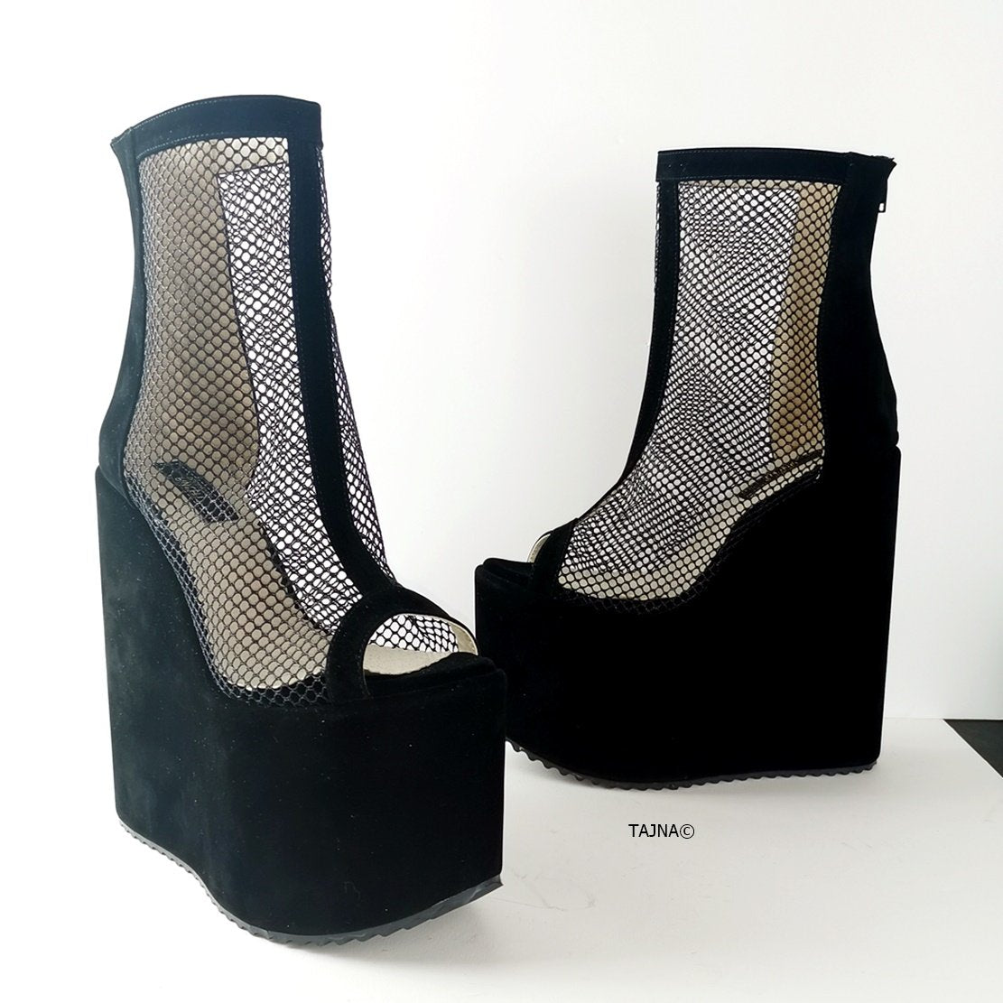 Black Fishnet Ankle Wedge Platforms - Tajna Club