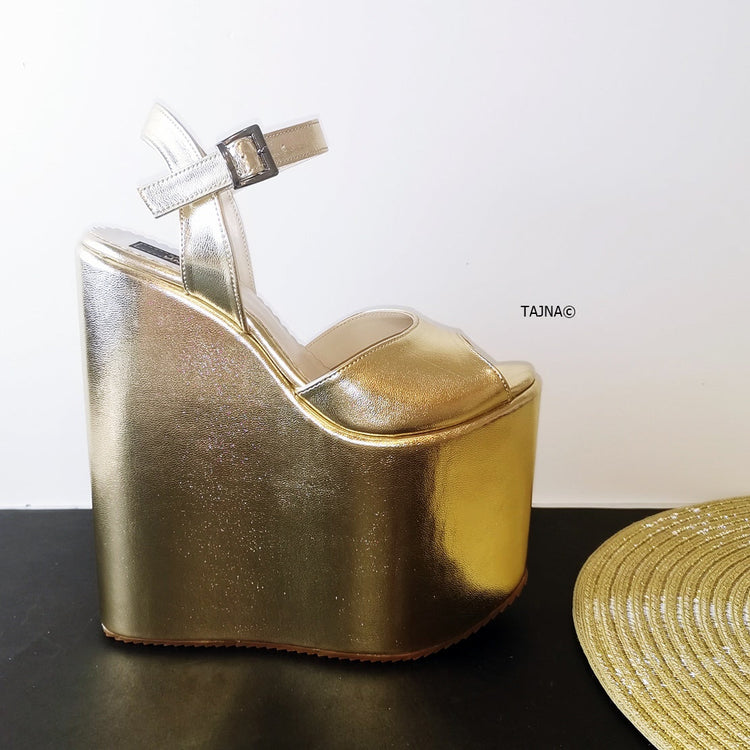 Golden Extreme Heel Wedge Sandals - Tajna Club