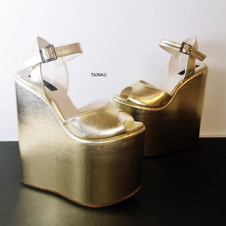 Golden Extreme Heel Wedge Sandals - Tajna Club