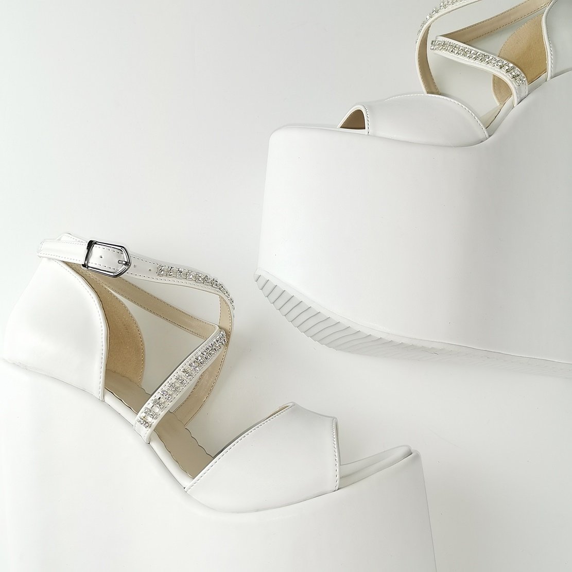 White Gemstone Cross Strap Platform Wedges Tajna Shoes Tajna Club