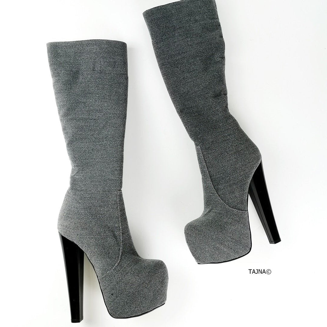 Gray  Chunky Heel Midcalf Boots - Tajna Club