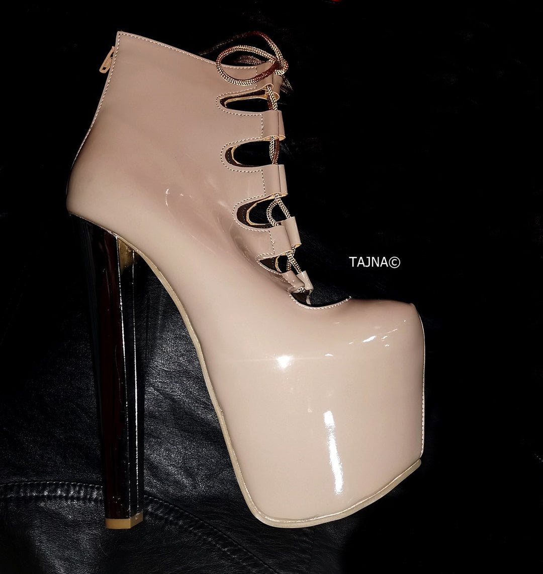 Beige Patent Lace Up Ankle Platforms - Tajna Club