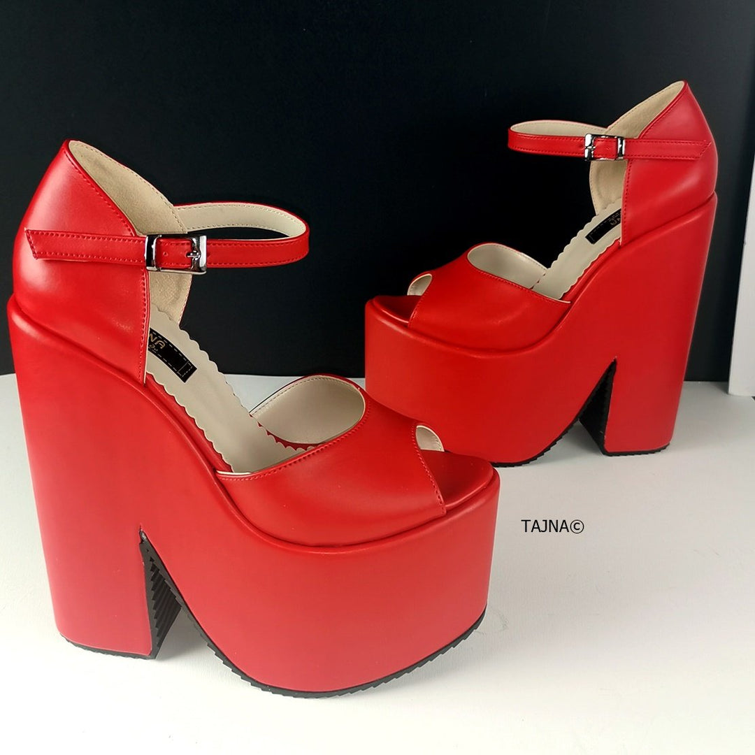 Red Ankle Strap Extreme Heel  Wedges - Tajna Club