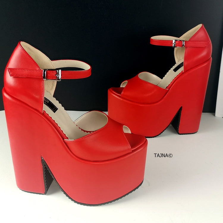 Red Ankle Strap Extreme Heel  Wedges - Tajna Club