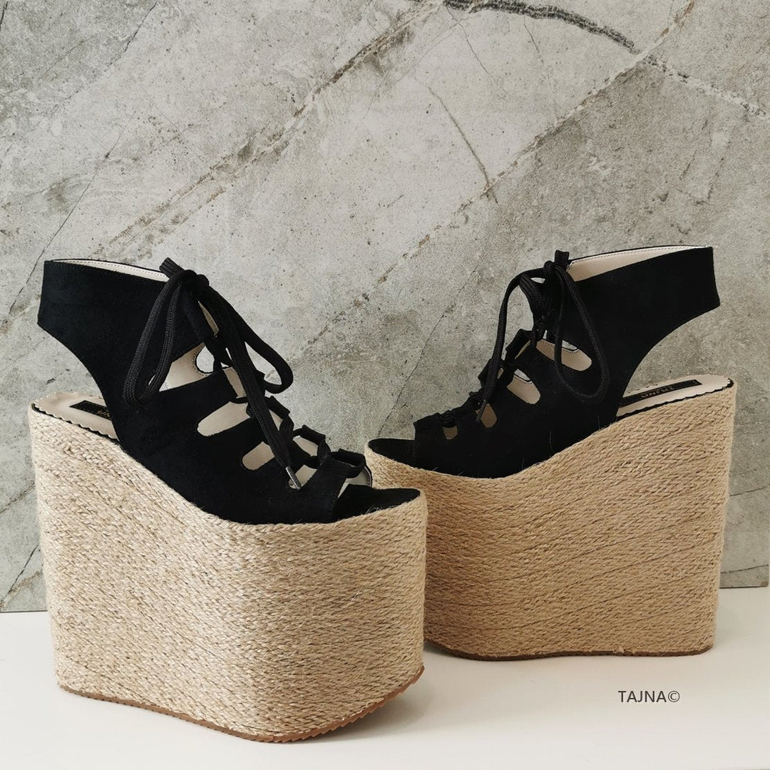 Gladiator Lace Up Black Wedge Espadrils - Tajna Club