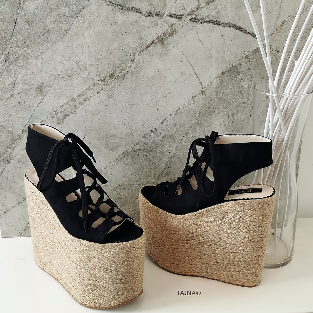 Gladiator Lace Up Black Wedge Espadrils - Tajna Club