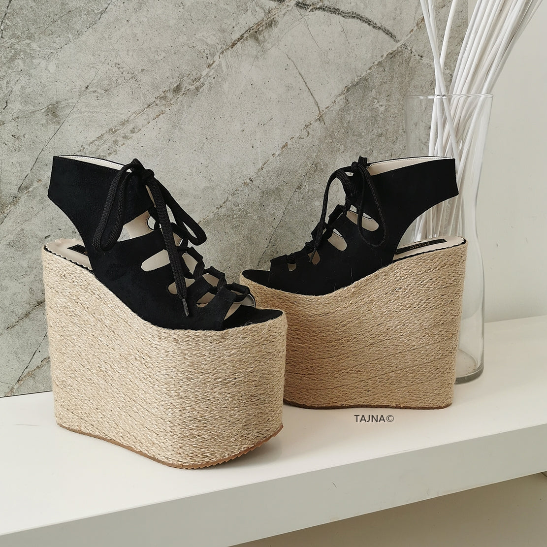 Gladiator Lace Up Black Wedge Espadrils - Tajna Club