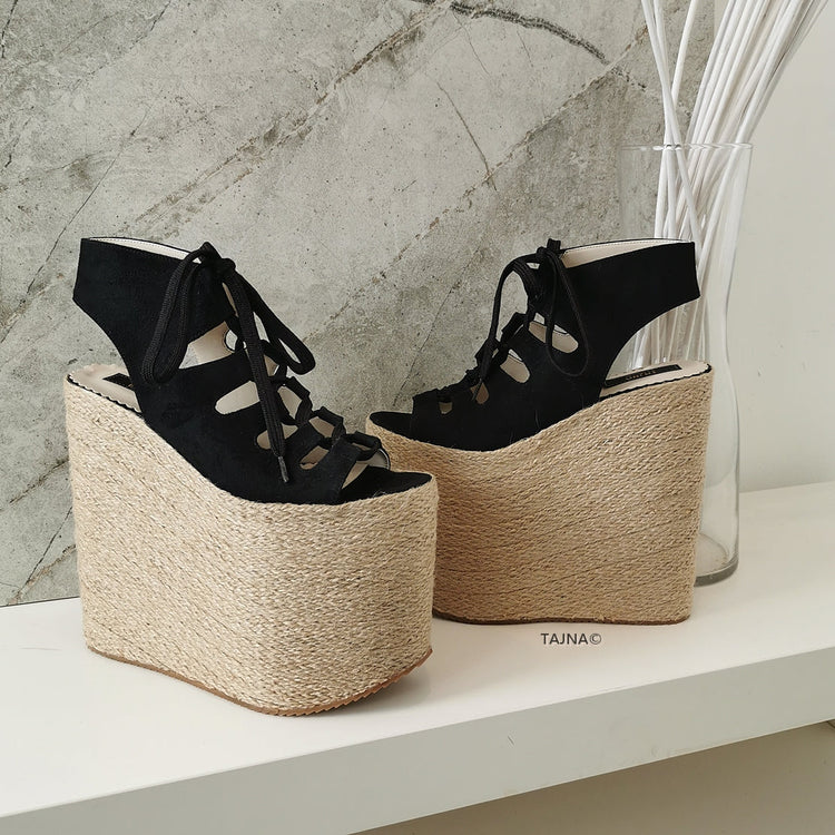 Gladiator Lace Up Black Wedge Espadrils - Tajna Club