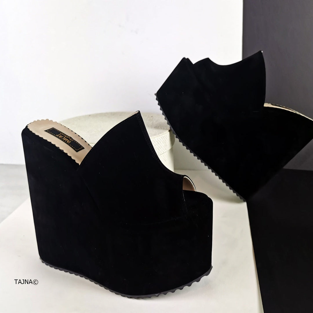 Suede Black Wedge High Heel Mules - Tajna Club