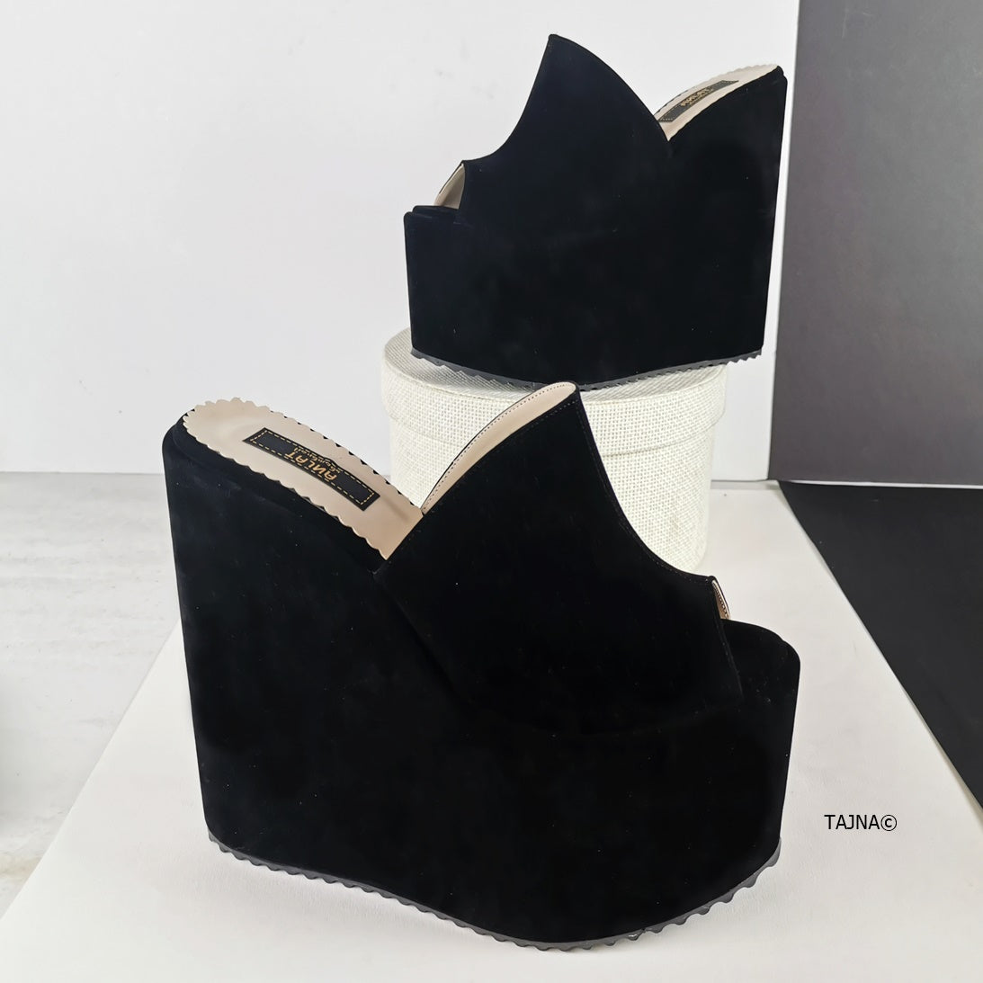 Suede Black Wedge High Heel Mules - Tajna Club
