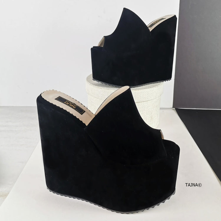 Suede Black Wedge High Heel Mules - Tajna Club