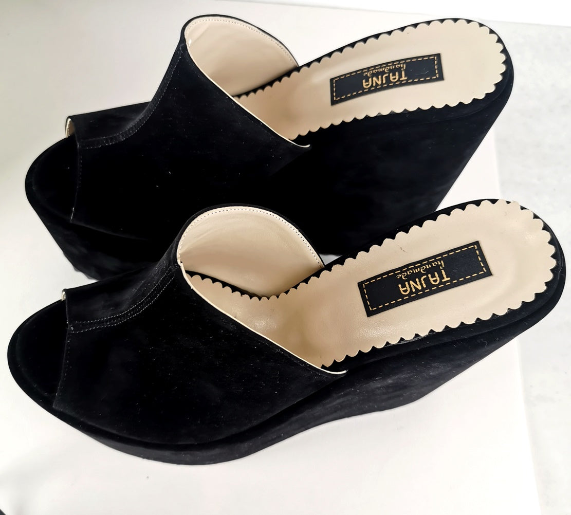 Suede Black Wedge High Heel Mules - Tajna Club