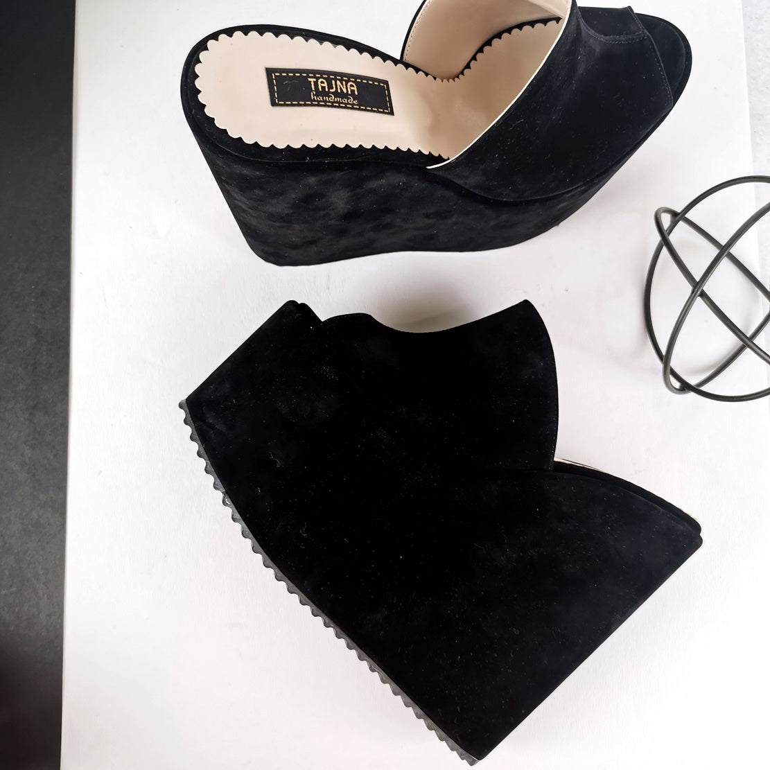 Suede Black Wedge High Heel Mules - Tajna Club