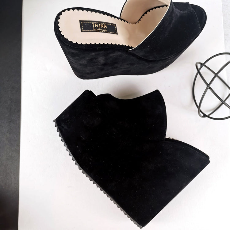Suede Black Wedge High Heel Mules - Tajna Club