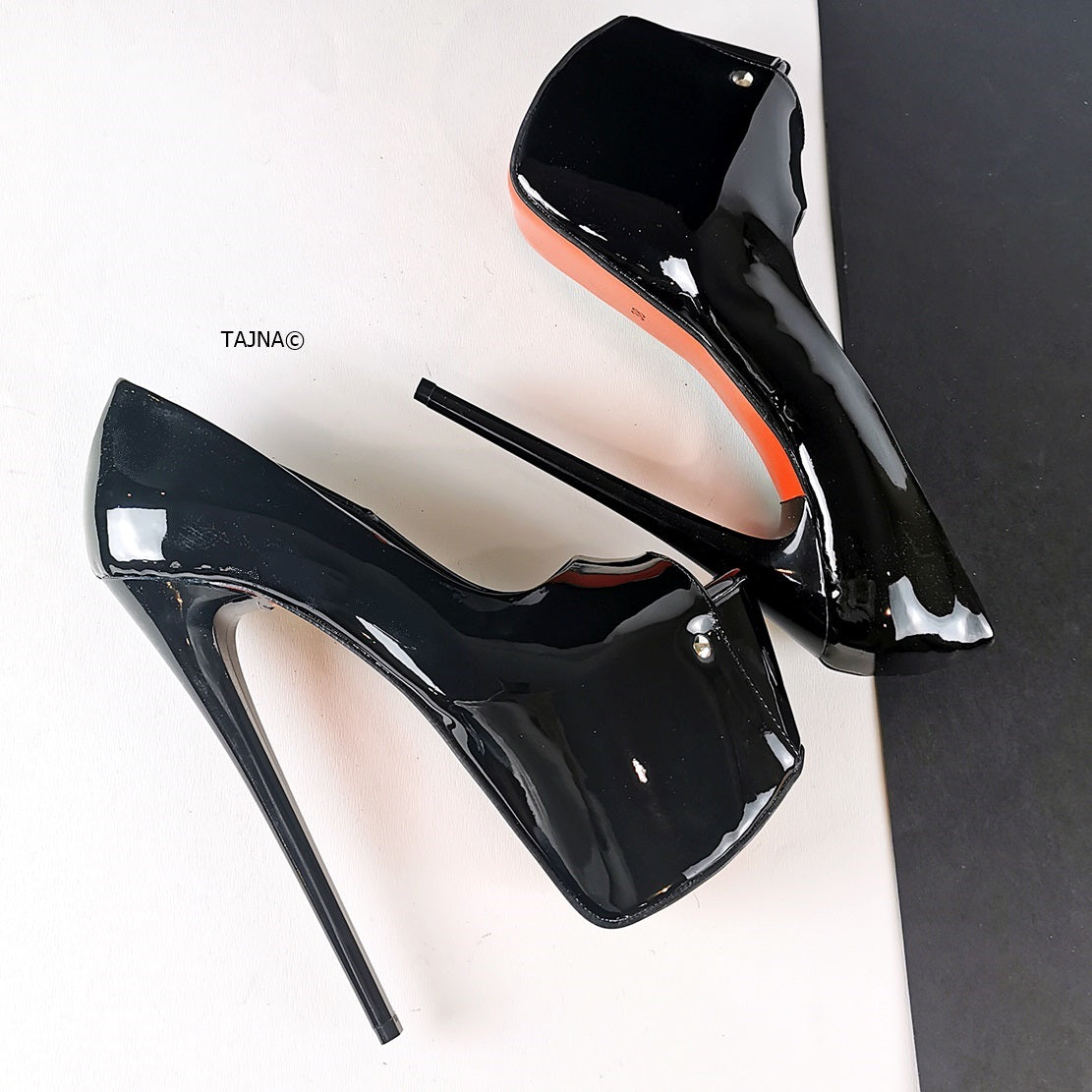 Black Patent Peep Toe High Heel Shoes - Tajna Club