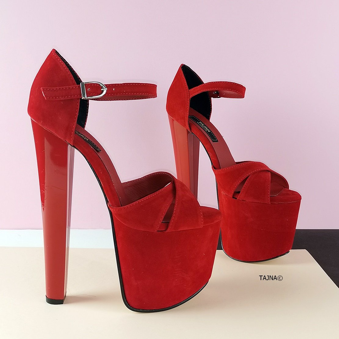 Red Suede Cross Strap High Heels - Tajna Club